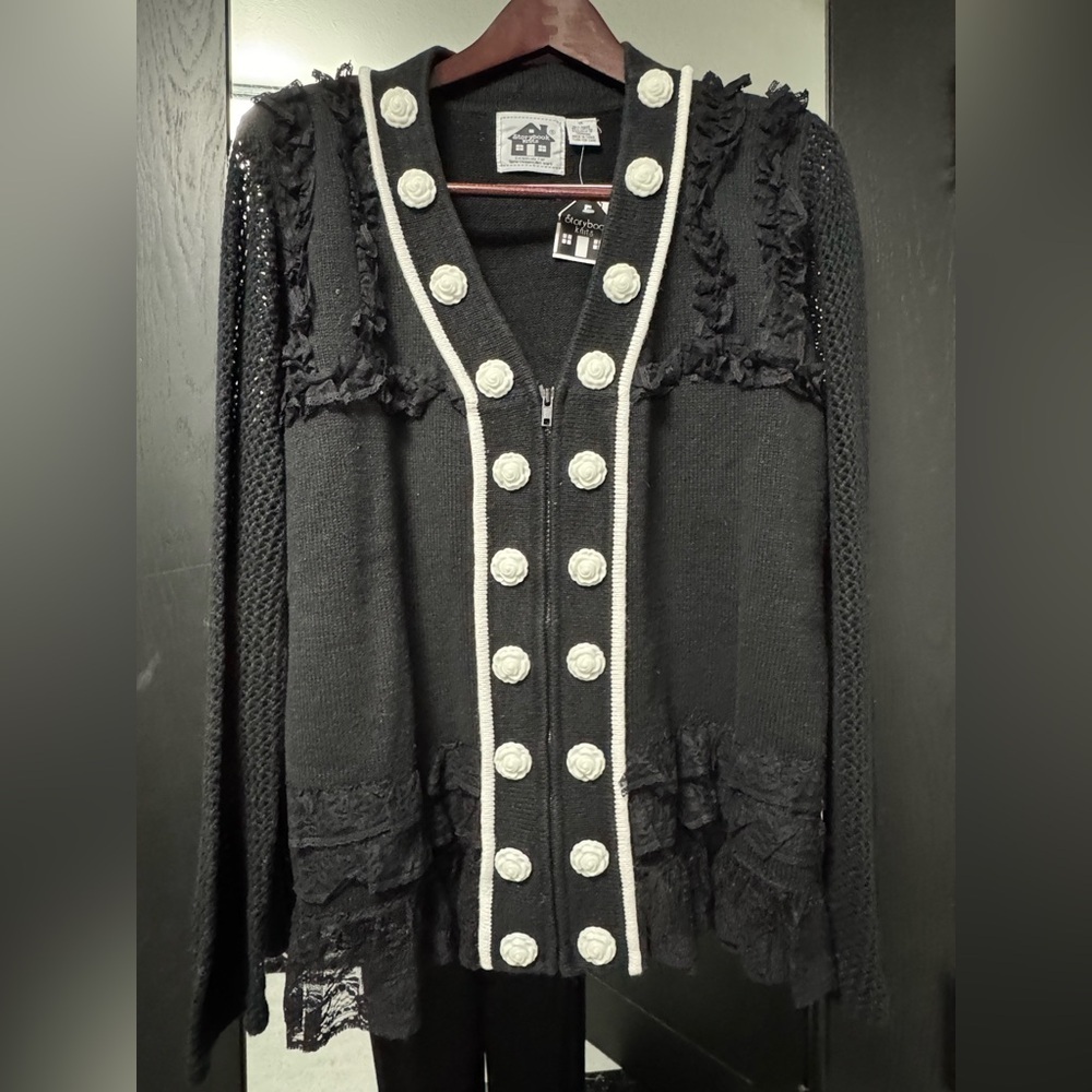 NWT Storybook Knits Vintage Cardigan Black/White Roses Trim Sweater Lace Size 1X